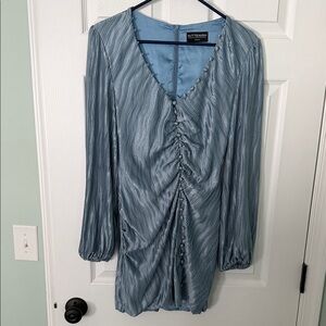 Kittenish Dusty Blue Ruched V-Neck Long Sleeve dress